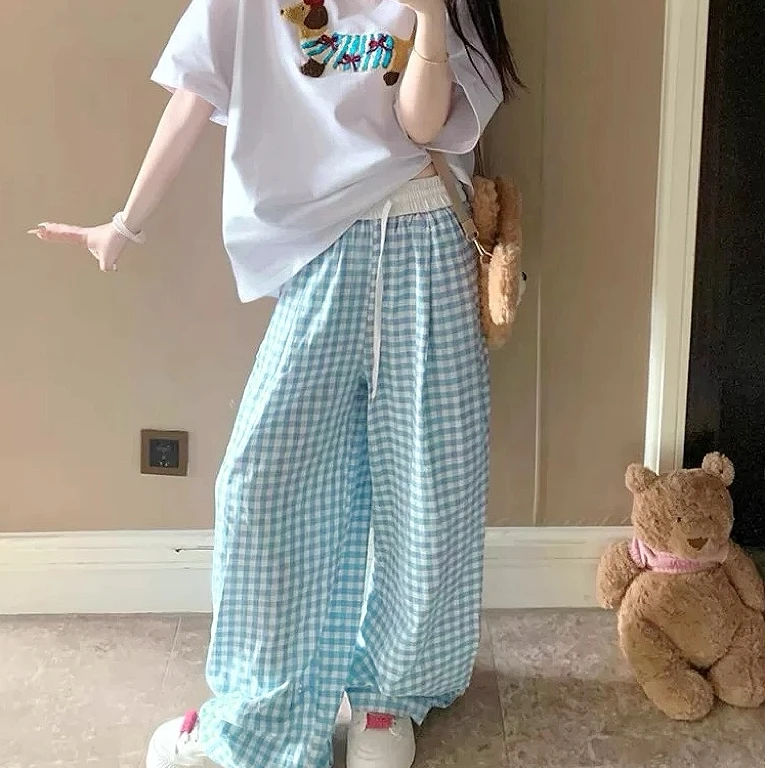 【嘉人有约】格子裤子女春夏2025新款高腰宽松休闲直筒复古阔腿裤