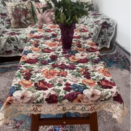 ZN102-106棉麻交织布【90*150】米白色百花齐放水溶边桌布茶几布