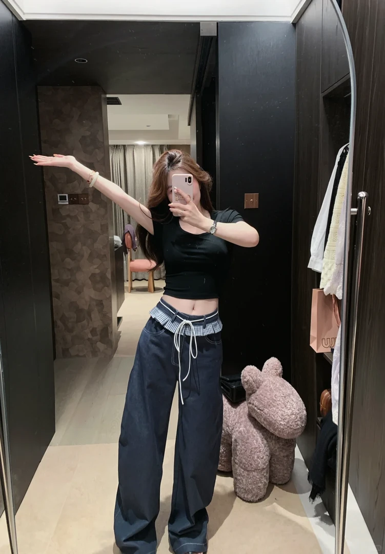 2025春夏新款甜美穿搭一整套辣妹性感上衣搭配高腰显瘦蓝色牛仔裤