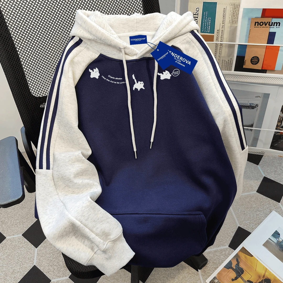 美式潮牌三条杠拼接oversize加绒连帽卫衣秋冬休闲小众情侣款上衣