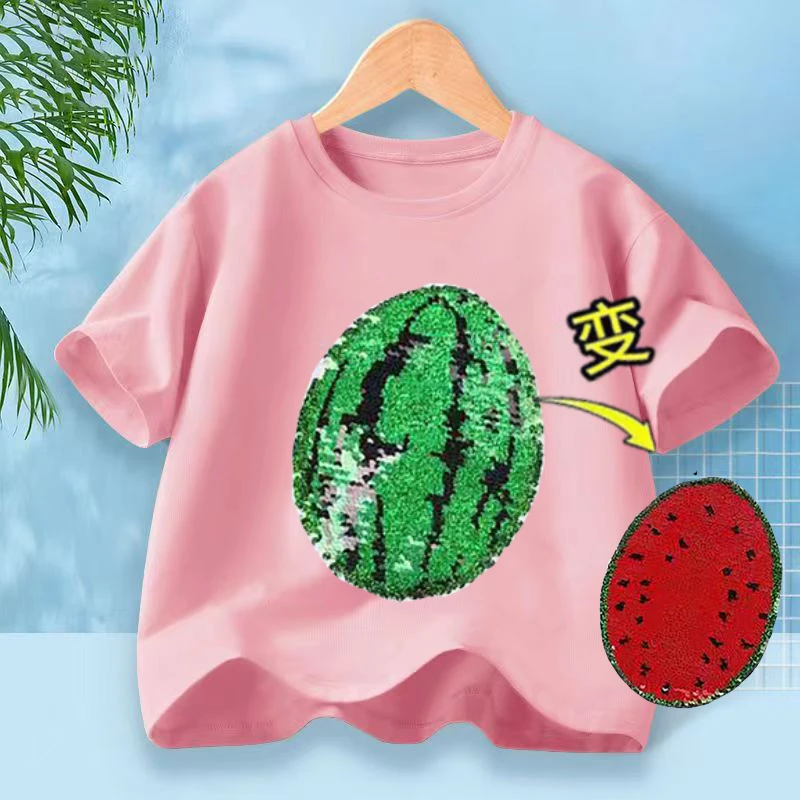 可爱萌趣西瓜衣服变色亮片t恤男女童纯棉翻转新款变色亮片短袖T恤