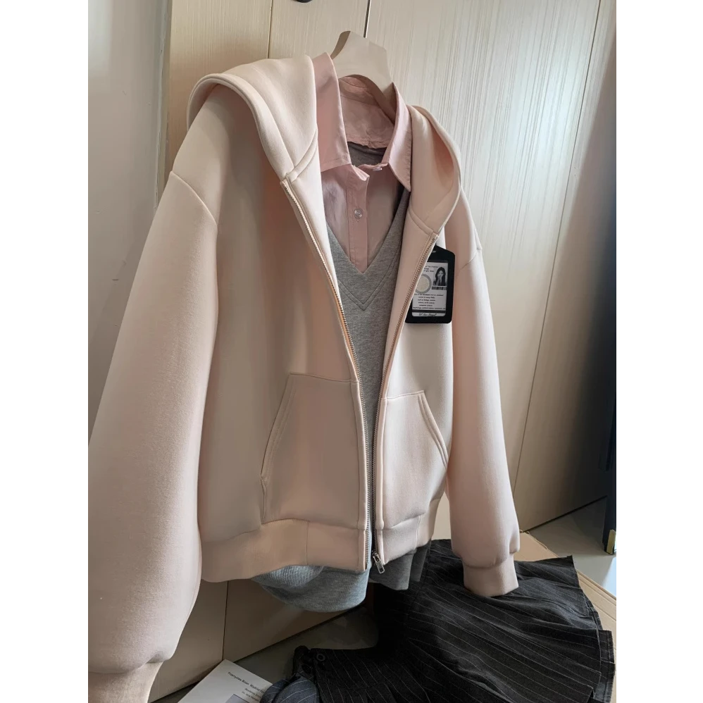 粉色卫衣外套女连帽宽松开衫早秋季2025新款韩系慵懒chic甜妹穿搭