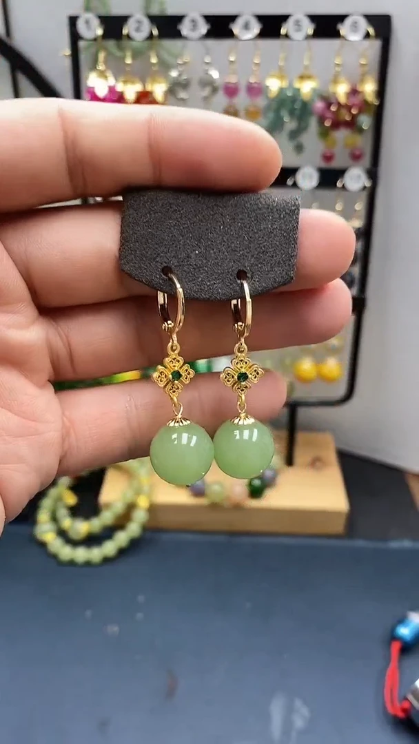 和田玉银S925镀金镶嵌耳饰尺寸14mm耳扣01