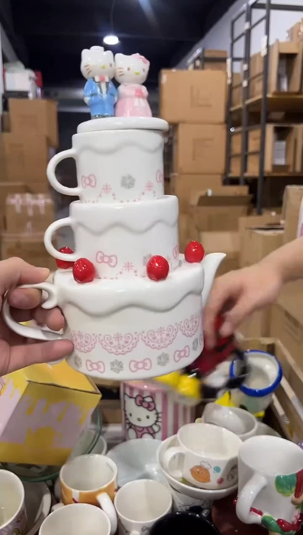 瓷片原盒kt猫结婚茶壶套组