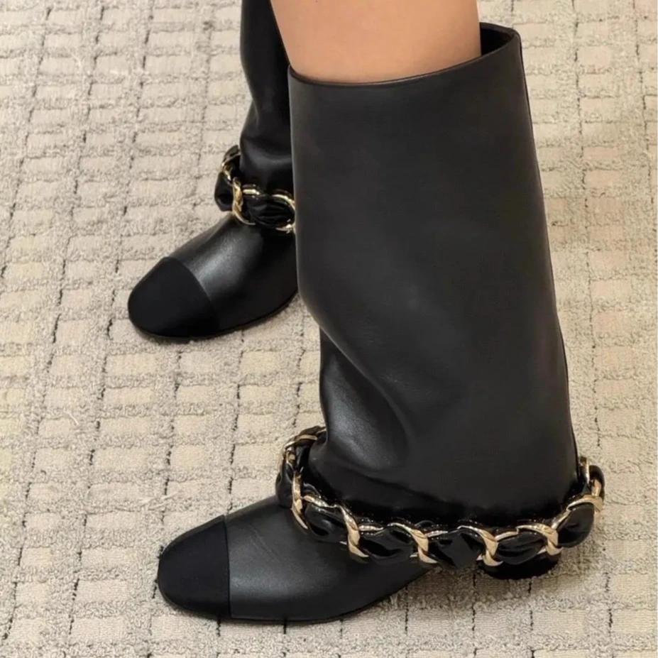小香风链条高跟中筒靴 W25092316