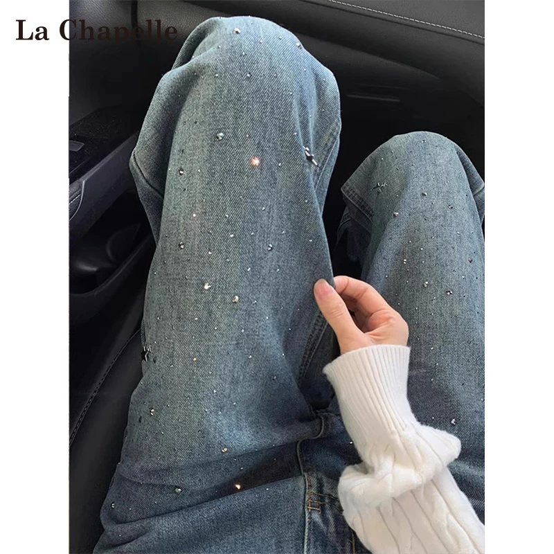 拉夏贝尔设计感复古蓝重工烫钻直筒牛仔裤女2025新款宽松阔腿裤子