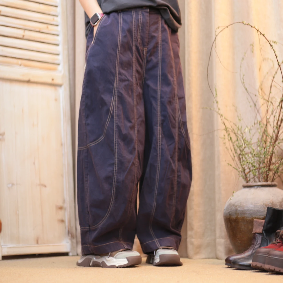 忆古朴拙241245-1色织多双针压线做旧松紧休闲裤