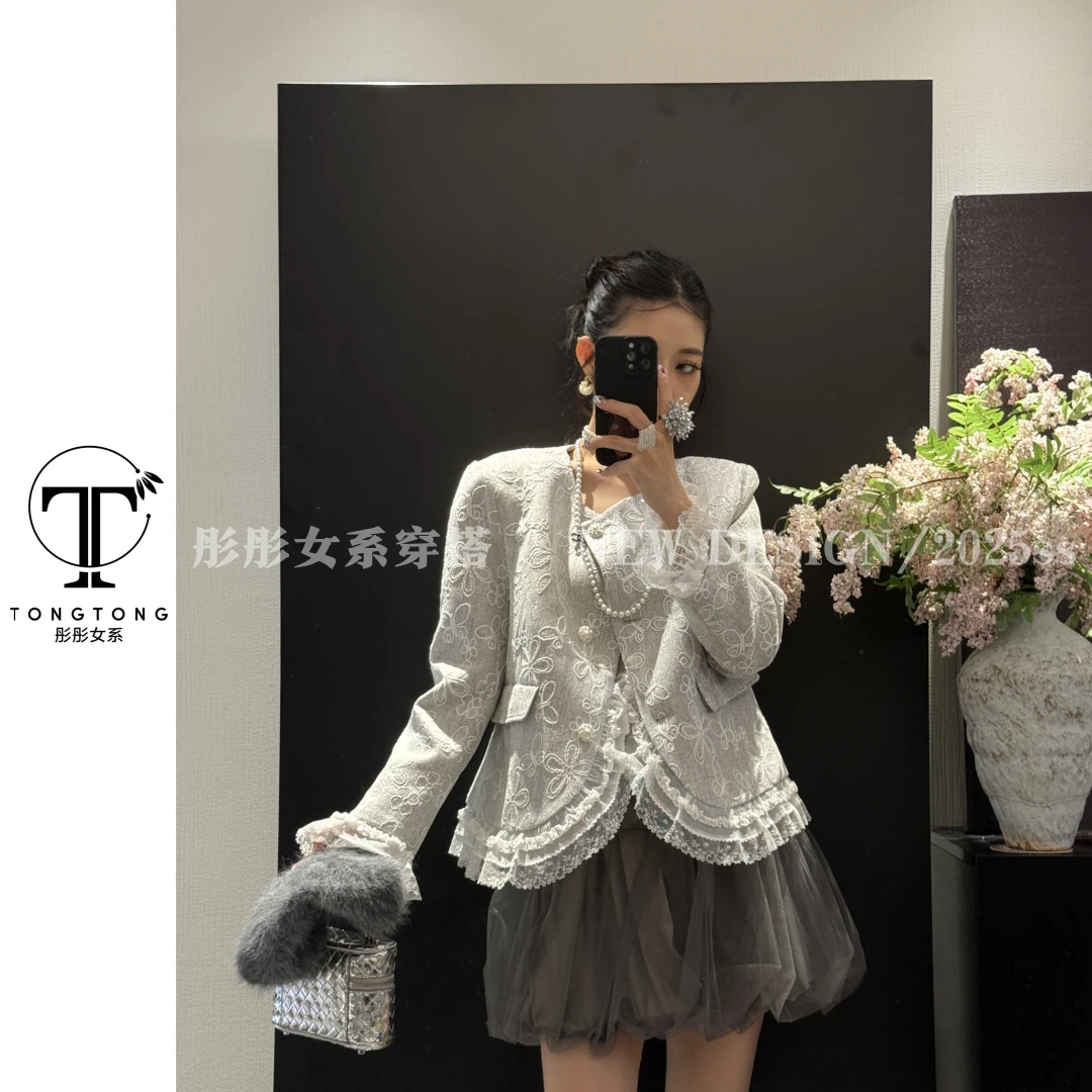 TongTong女系 秋季小香风拼蕾丝短款短外套气质重工时尚开衫