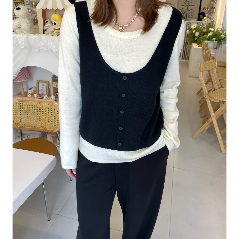 青青·STUDIO〖显瘦减龄〗春款大码显瘦百搭假两件拼接针织S25069