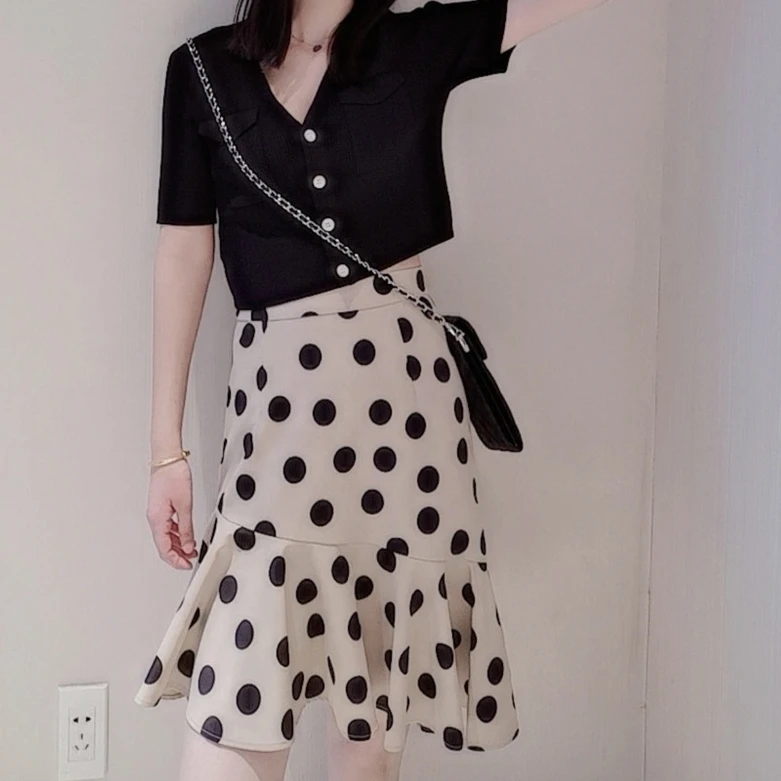 NO退换气质高腰裙波点显瘦设计感鱼尾裙裙子高腰不规则半身裙