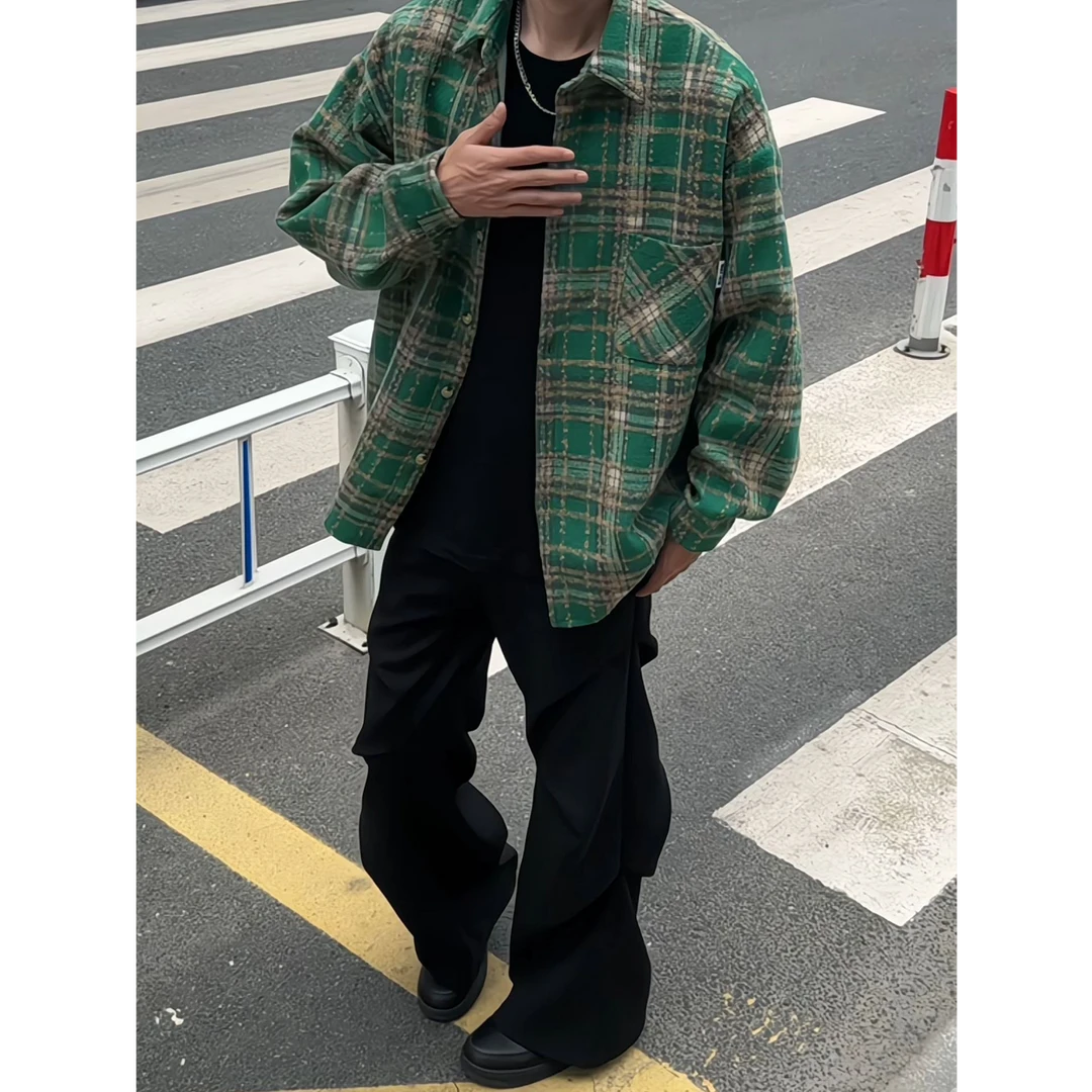 秋冬韩系痞帅磨毛休闲格子小香风毛呢衬衫宽松百搭长袖复古外套男