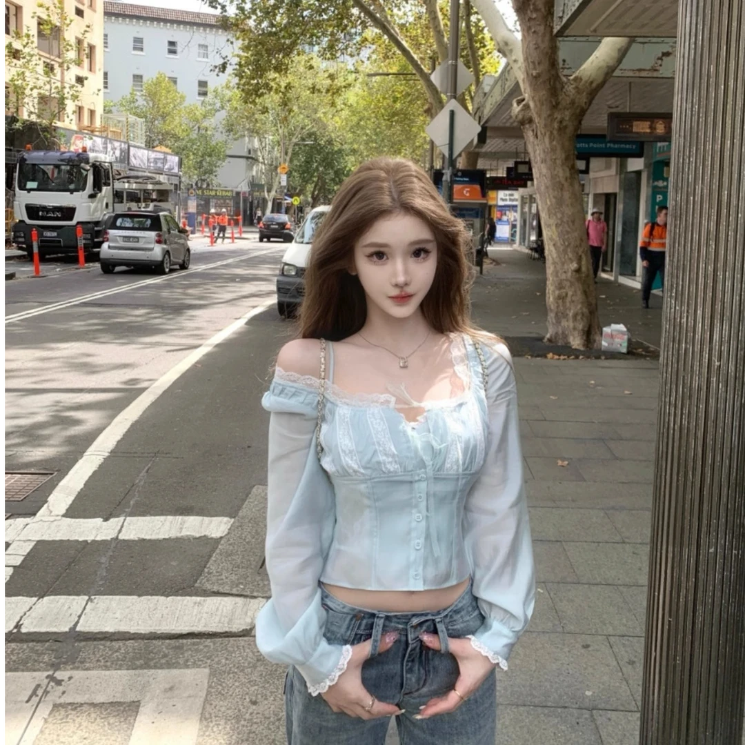 2025新款设计感蕾丝荷叶边衬衫早春别致漂亮小衫短款韩系上衣小众