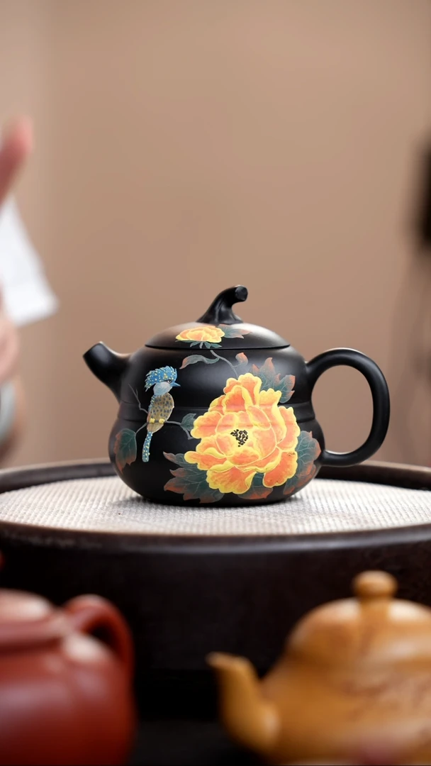 茶壶紫砂黑色葫芦壶泥绘蓝鸟