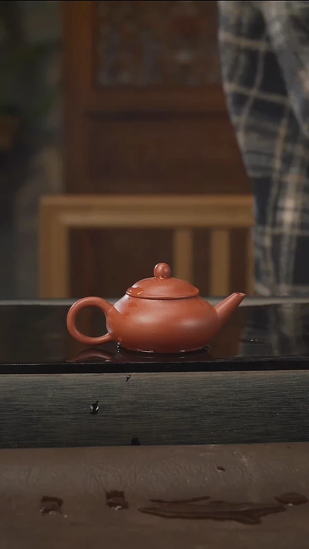 茶壶紫砂小*扁水平，朱泥，50cc