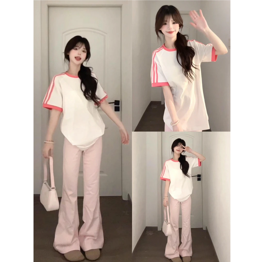 【婉如新生】美式复古三杠条纹粉色短袖t恤女夏设计感小众半袖上衣