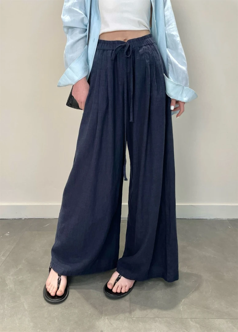 100汗麻阔腿裤腰捏褶设计休闲百搭长裤夏季时尚宽松长款阔腿裤