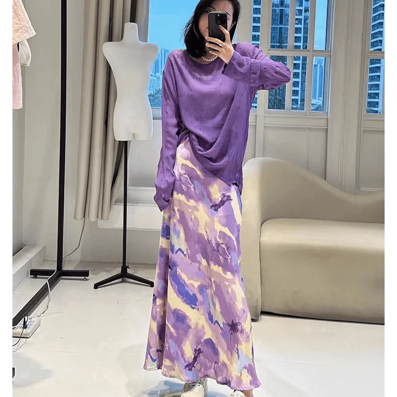 紫色烫钻t恤衫+水墨晕染包臀鱼尾半身裙女套装夏8830
