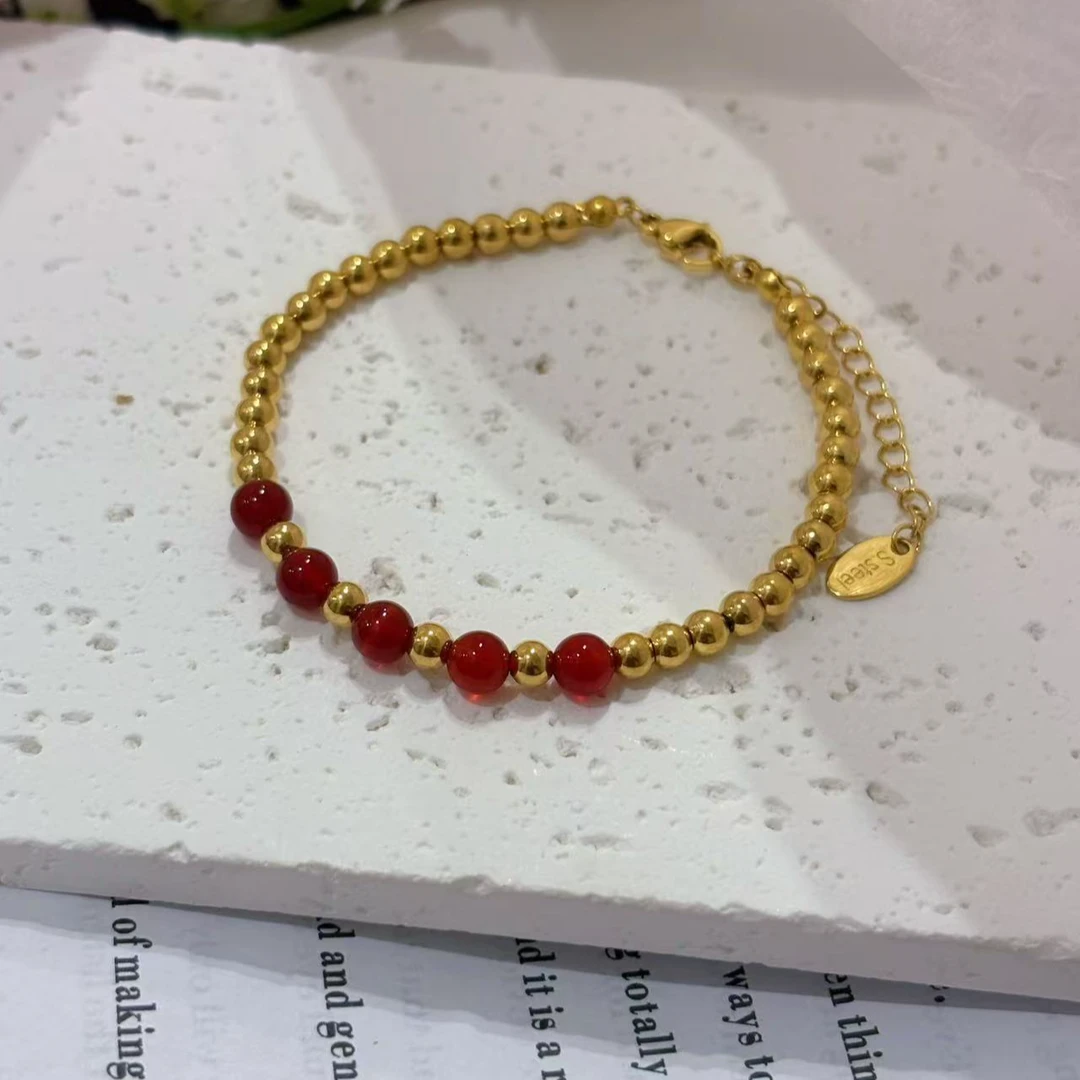 钛钢玻璃手链 【Kiss娜】钛钢2969时尚五个红珠珠手链