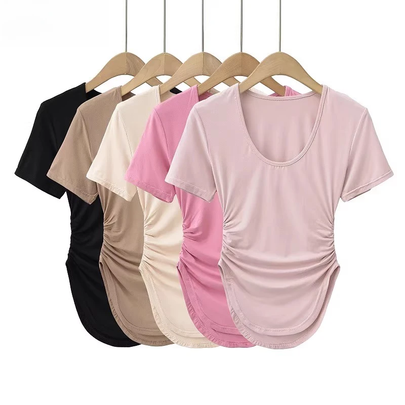 【清货】微胖辣妹U领褶皱弧形下摆短袖T恤女夏季修身显瘦露锁骨正肩