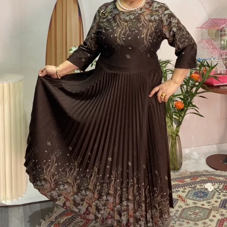 复古裙子气质圆型领A字裙印花圆领连衣裙设计师打底女装夏季女士