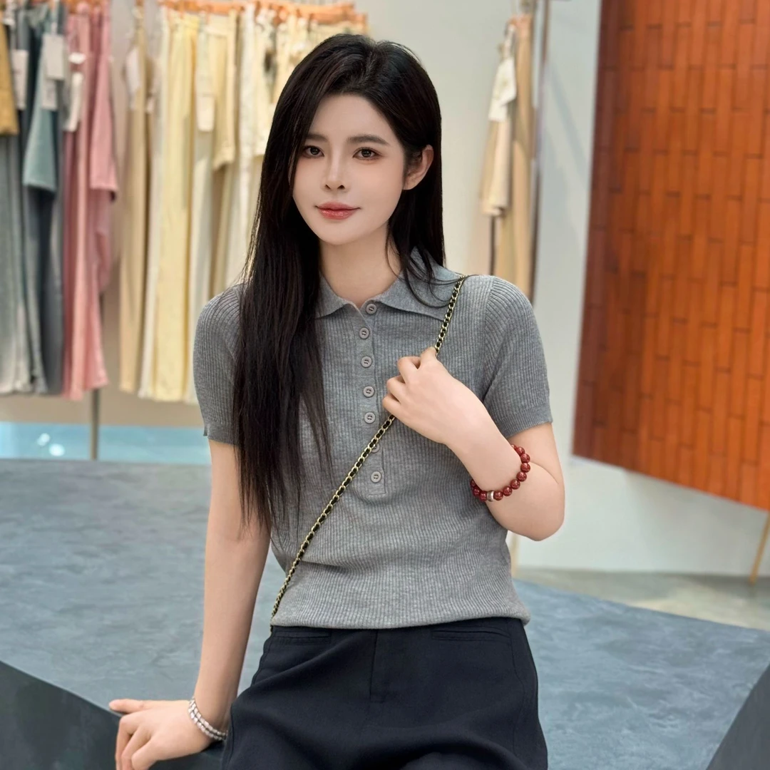 宿慕SUMU翻领短袖针织上衣polo衫女夏季2025新款女装体恤衫4507L
