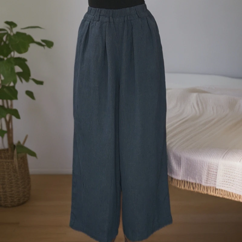 【原制原味】春季新款17556纯亚麻休闲宽松阔腿裤松紧腰纯色九分裤