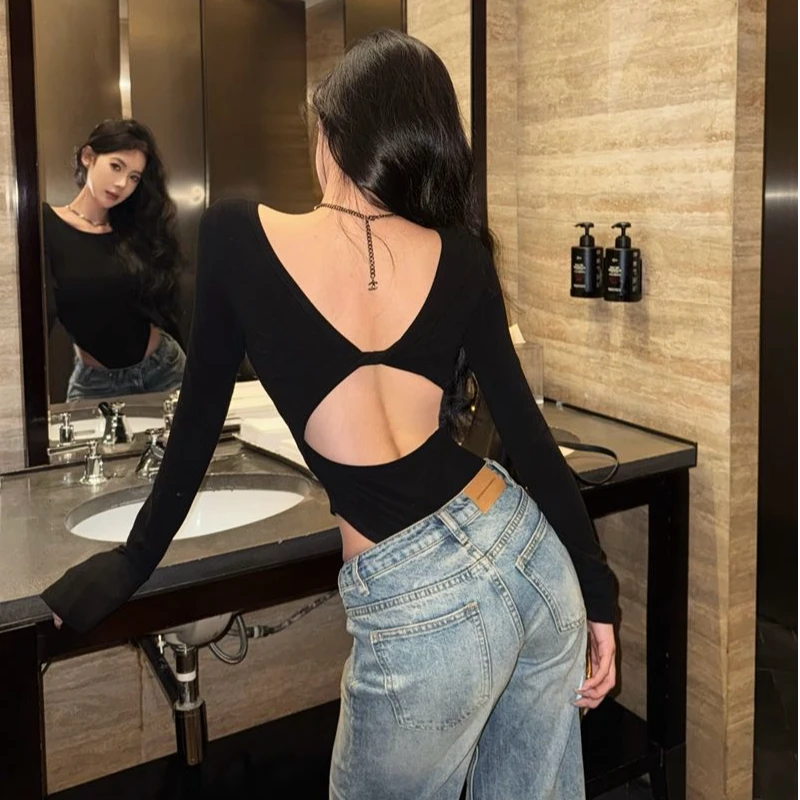 纯欲辣妹性感露背长袖T恤女秋冬季2025新款内搭修身短款连体上衣