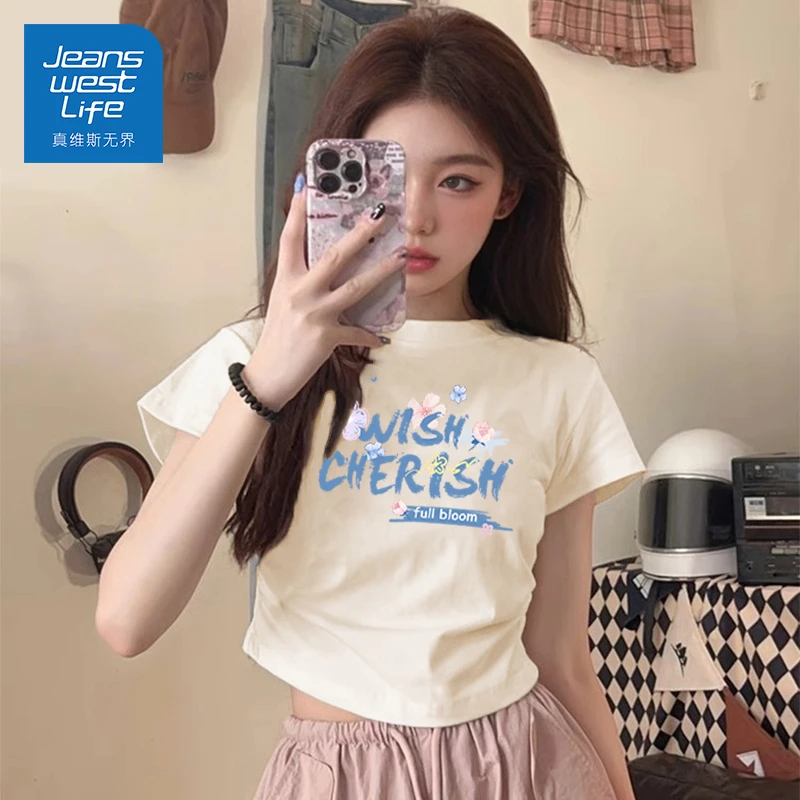 真维斯无界夏季女短袖T恤短款精致韩系上衣百搭老钱风松弛感女装