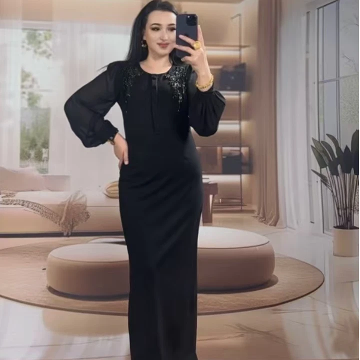 春季新款黑色连衣裙法式复古显瘦气质长袖裙子时尚百搭收腰包邮