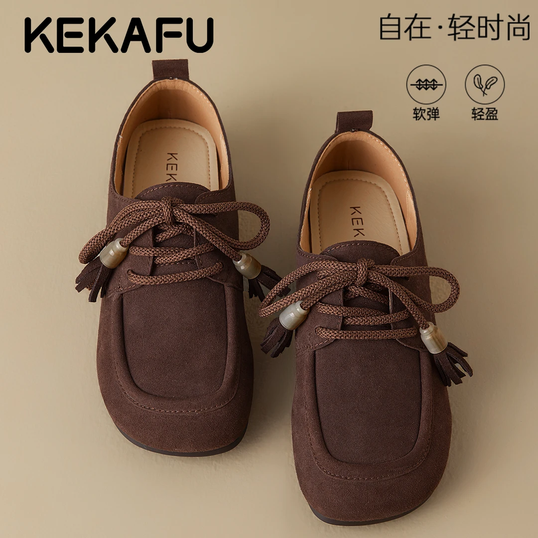 珂卡芙丑萌大头复古英伦风勃肯单鞋女2025秋季新款软底系带豆豆鞋