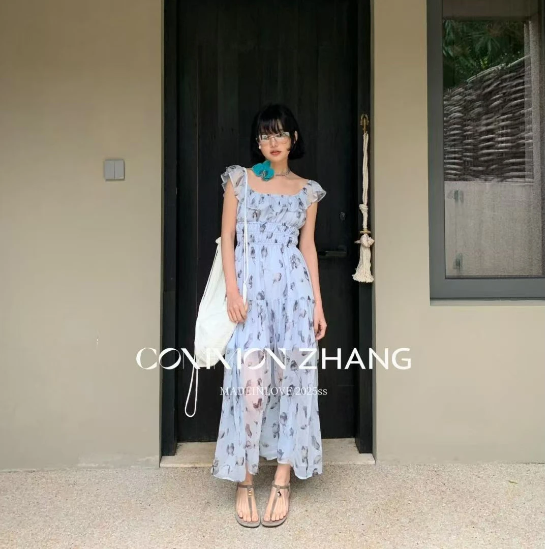 十三行CZ-夏季福秒U领露背碎花A字连衣裙#26561