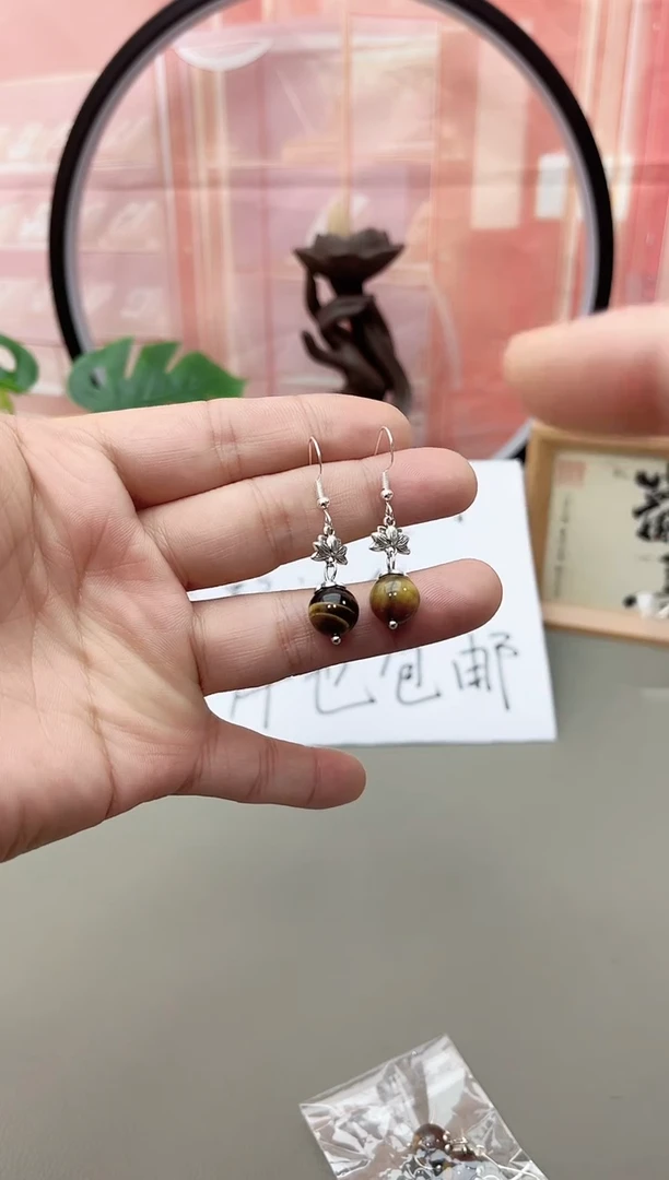 银S925镶嵌木变石（虎睛石）耳坠j2506