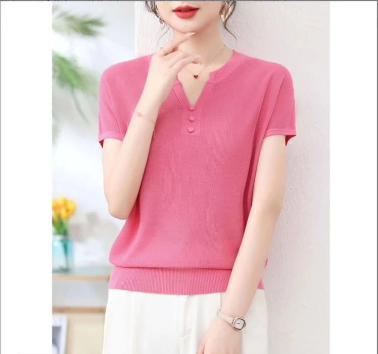 新品】3纯色剪刀领螺纹针织套头上衣女