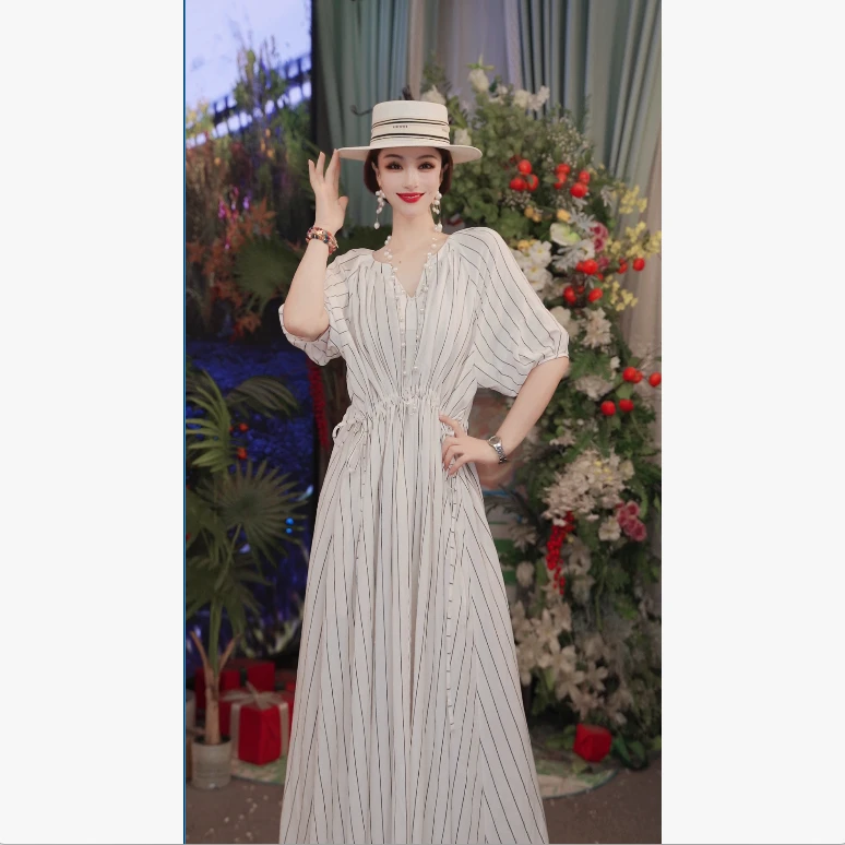 25新款法式设计师夏苎麻气质宽松时尚长款女装连衣裙251D768