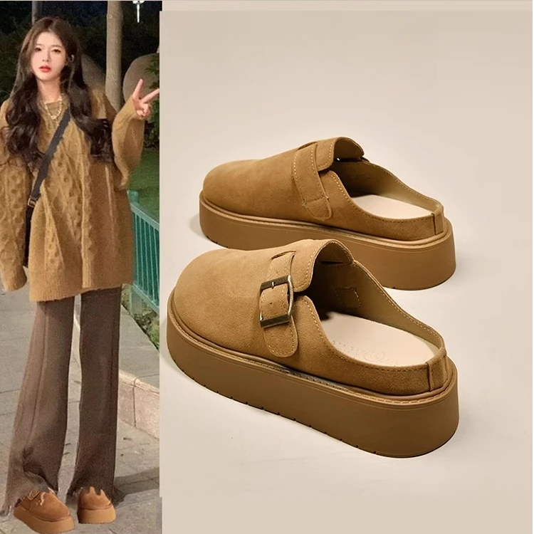 松糕厚底勃肯鞋包头半拖鞋女外穿2025新款秋冬季一脚蹬懒人博肯鞋