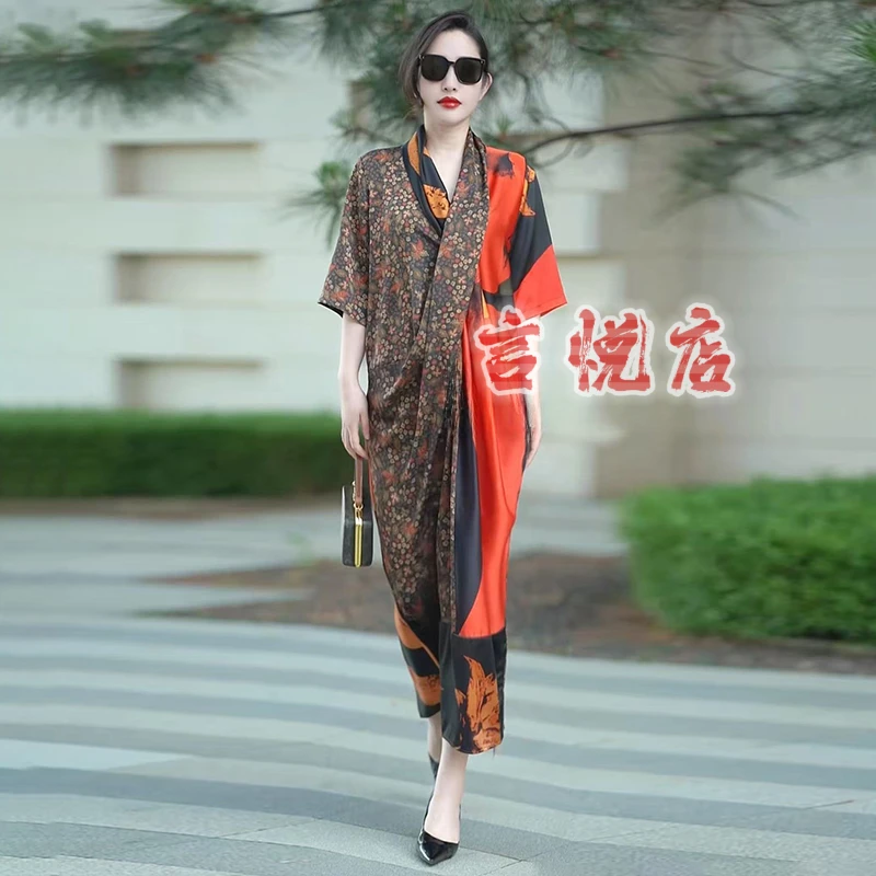 75113夏季新款复古真丝印花大码连衣裙气质洋气中年妈妈过膝长裙