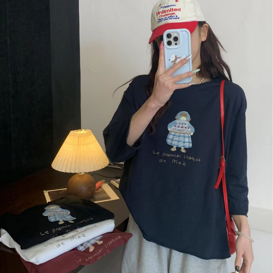 【春款上新】女士卡通可爱蛋糕小女孩纯棉打底衫25006