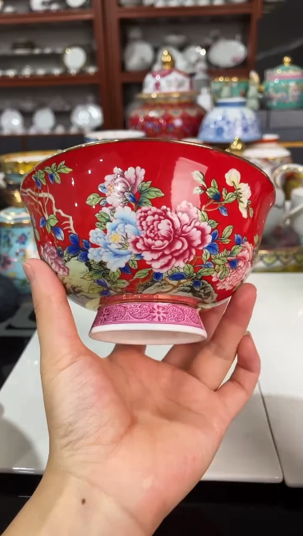 瓷片景德镇珐琅彩牡丹5寸高脚米饭碗