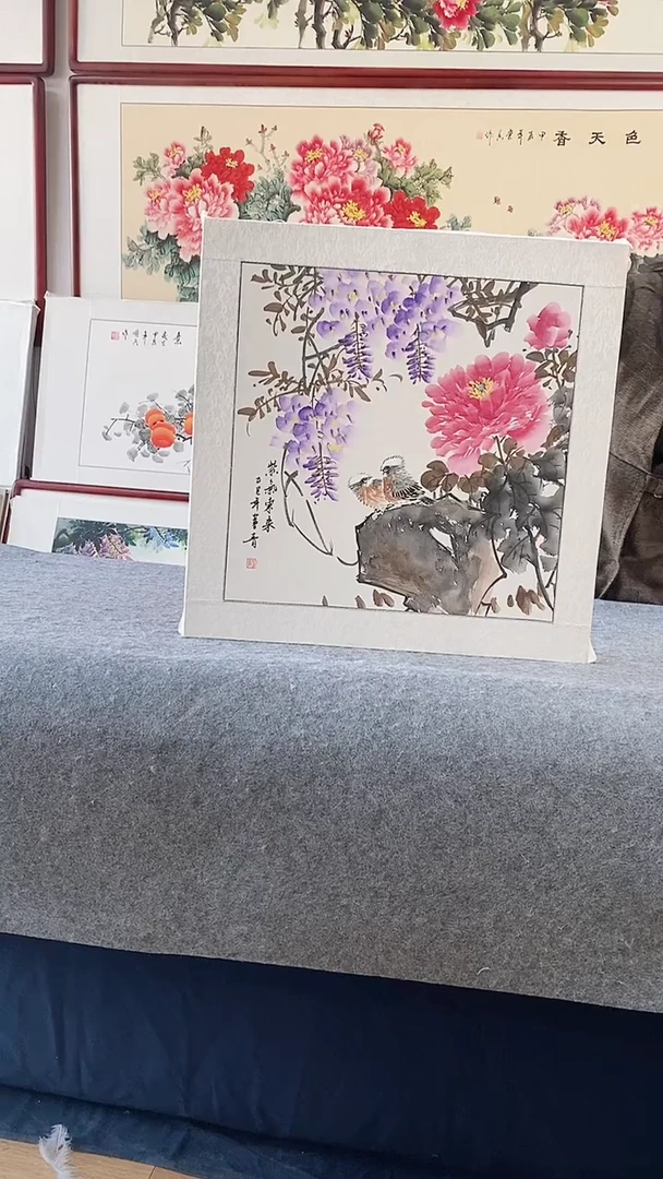 国画纯手绘国画65*65CM带框装饰字画