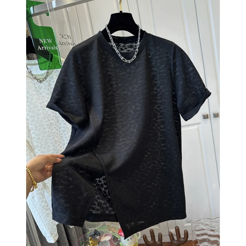 高级感黑色开叉花朵钩花短袖T恤蕾丝衫女士上衣网纱内搭夏季新款