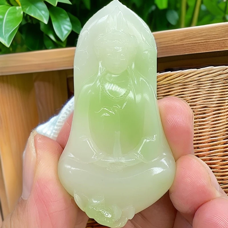和田玉翠青观音观自在牌子手工品质精雕首饰