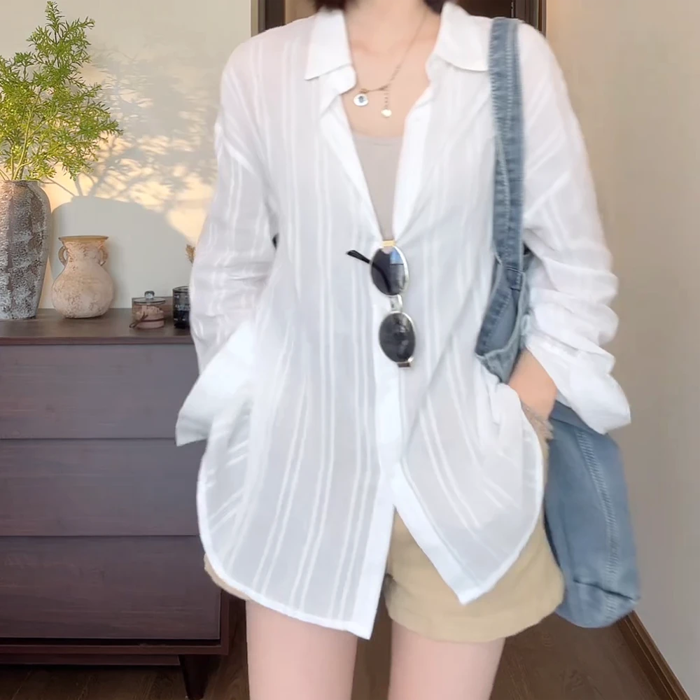 【慵懒chic】纯棉白色衬衫韩版宽松休闲女士衬衣显瘦防晒上衣夏季