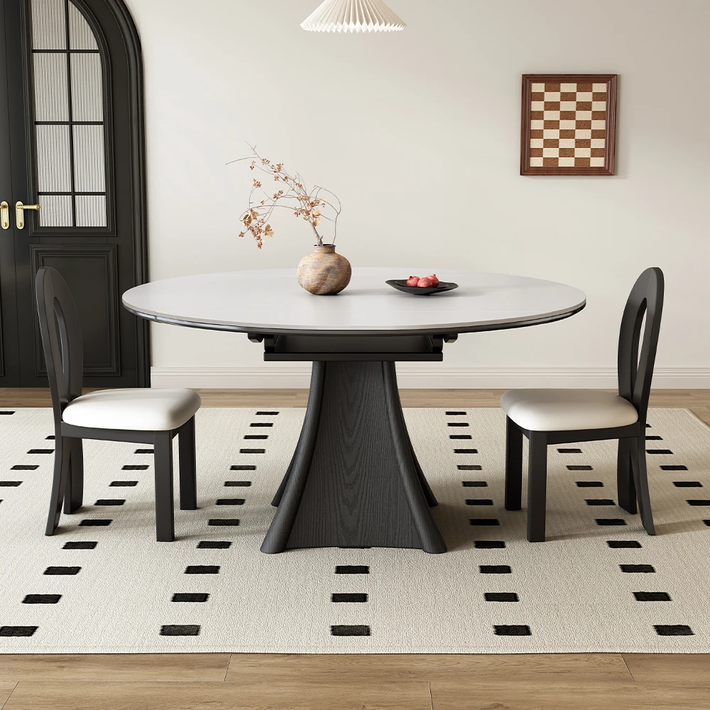 中古风轻奢岩板餐桌家用小户型饭桌子可伸缩折叠圆形餐桌2025新款