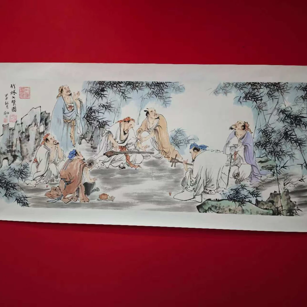李新社手绘宣纸六尺横幅竹林七贤-人物画