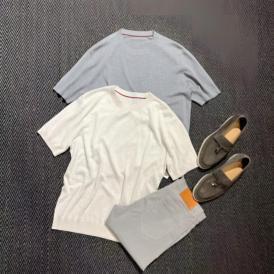 【老钱优雅】25夏 L*P方向羊*毛天丝混纺16针双股针织圆领短袖T恤男