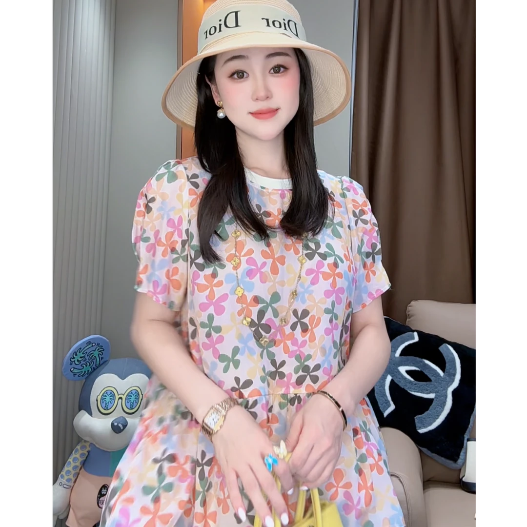 【丝芙玉禄】（F891）100真丝双绉印花四叶草时尚显瘦桑蚕丝t恤上衣