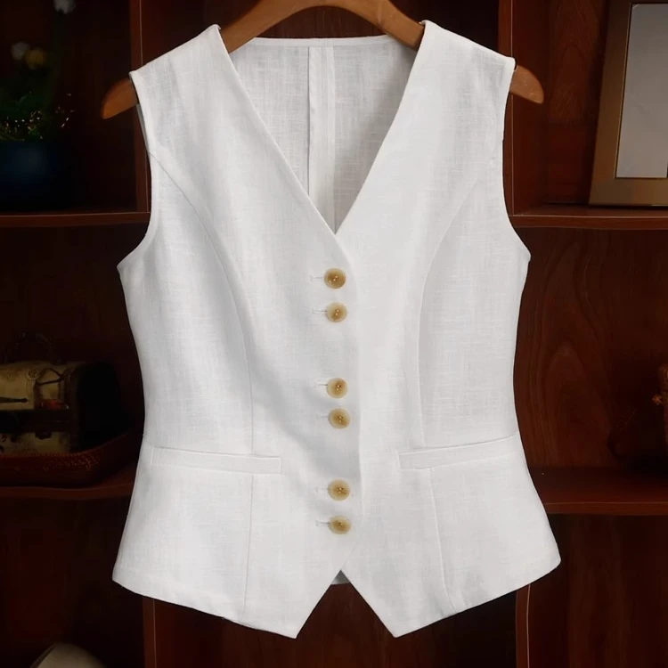 高端苎麻白色亚麻西装马甲女款夏季新款薄款棉麻小马夹背心套装夏