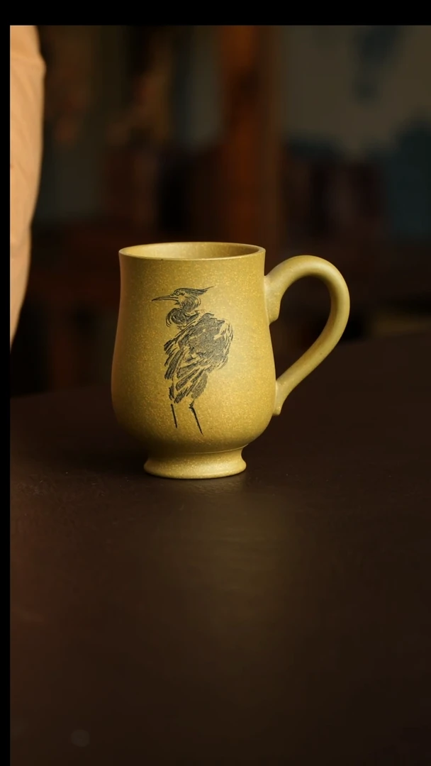 茶杯紫砂27号 黄金段白鹭鸟把杯 宜兴紫砂原矿作品