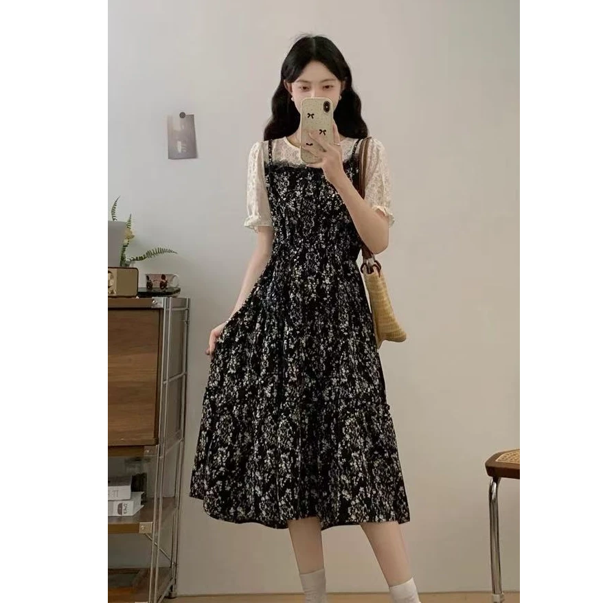 2025年夏季新款大码女装拼接显瘦碎花短袖假两件连衣裙女1569