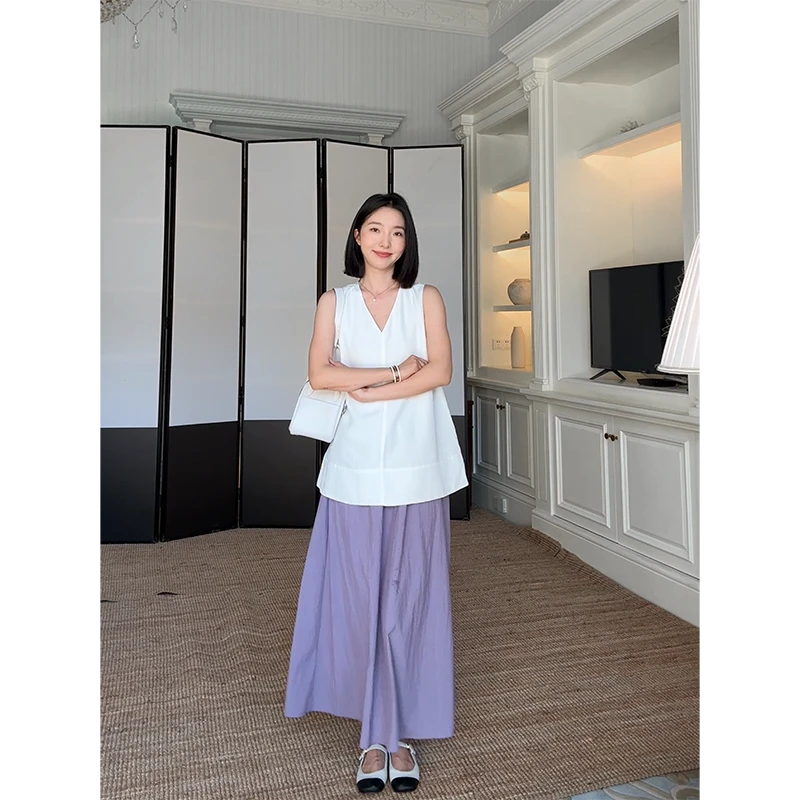 郭九九呢 天丝亚麻v领简约无袖上衣宽松显瘦阔腿裤 G925A06672